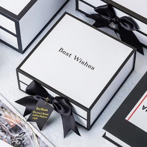 Quality Rigid White Magnetic Cardboard Gift Boxes With Black Rim And Ribbon Bow for sale