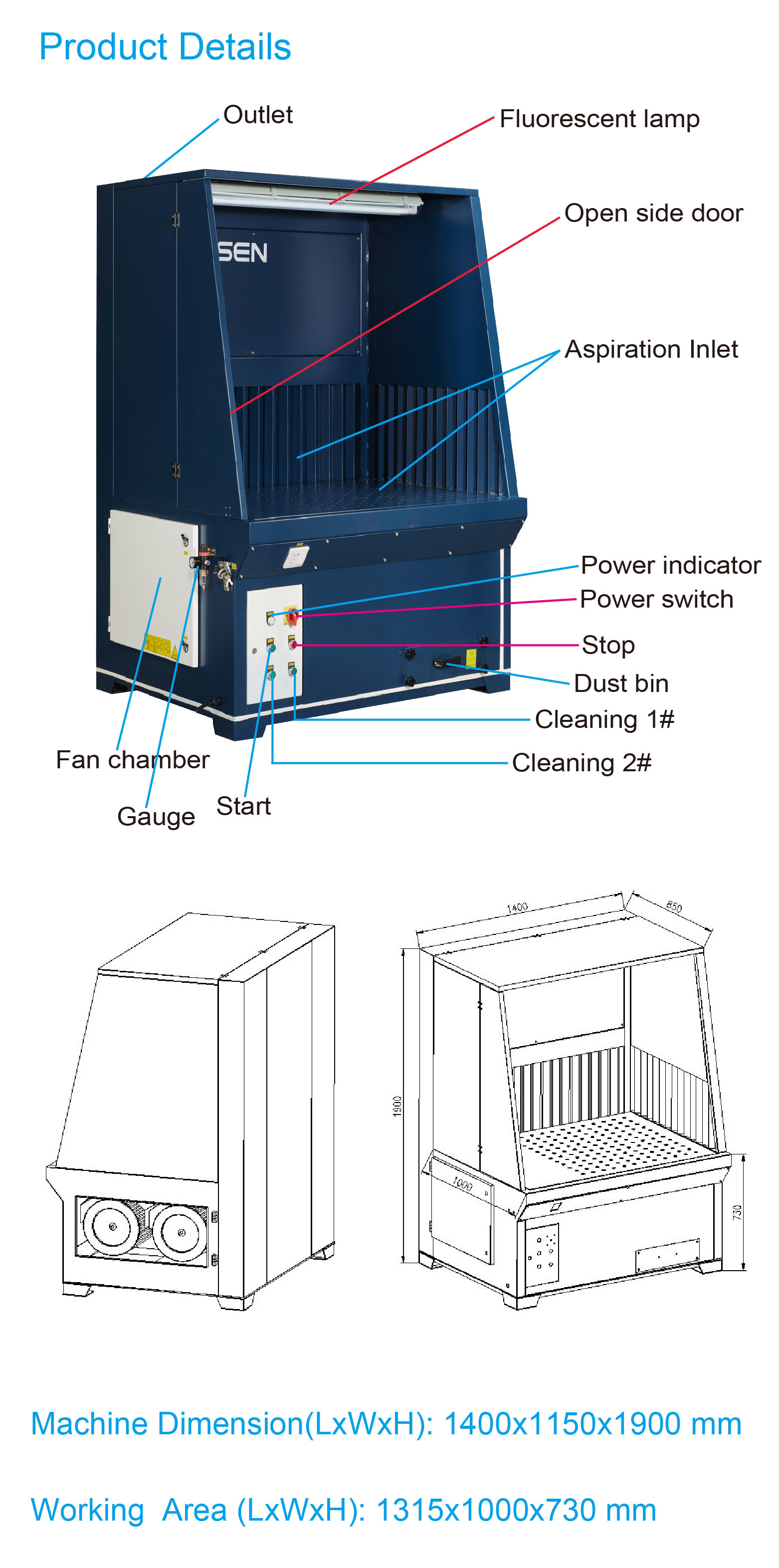 Downdraft Worktable 3000±100m³/h Air Flow For Metal Grinding and Polishing Dust Collection