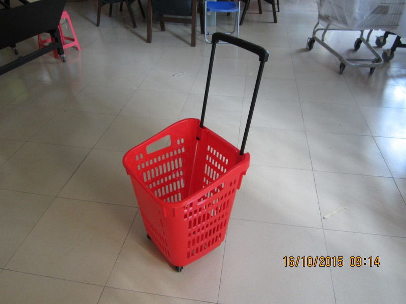 Quality Red Plastic Rolling Basket Cart For Supermarket /  Vegetable Shopping Basket for sale
