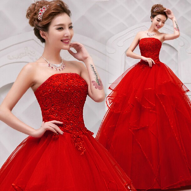 Quality Custom White/Red Strapless Beaded Lace-up Lace Long Wedding Dresses Ball Gown Vestido De Noiva 110506 for sale