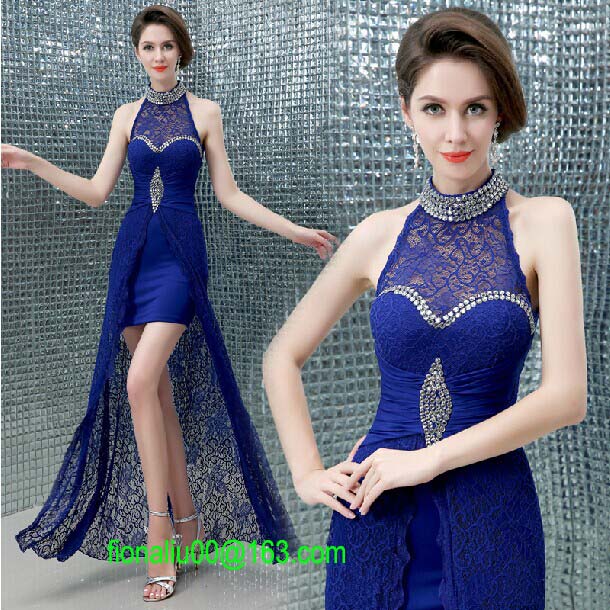 Quality Sexy crystal halter lace long evening dress 2014 sapphire slim women formal dresses vestidos de fiesta for sale