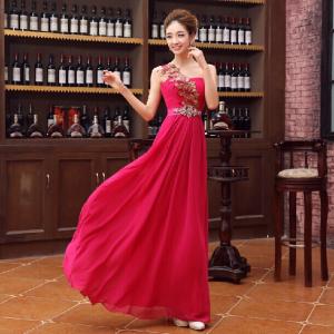 Quality Fuchsia/Red Fashion One-shoulder Chiffon Long Women Formal Evening Dress 2014 Free Shipping for sale