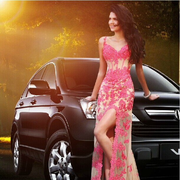 Quality Sexy V-neck Beaded Lace Long Prom Dress 2014 Pink See Through Women Model Dress for sale