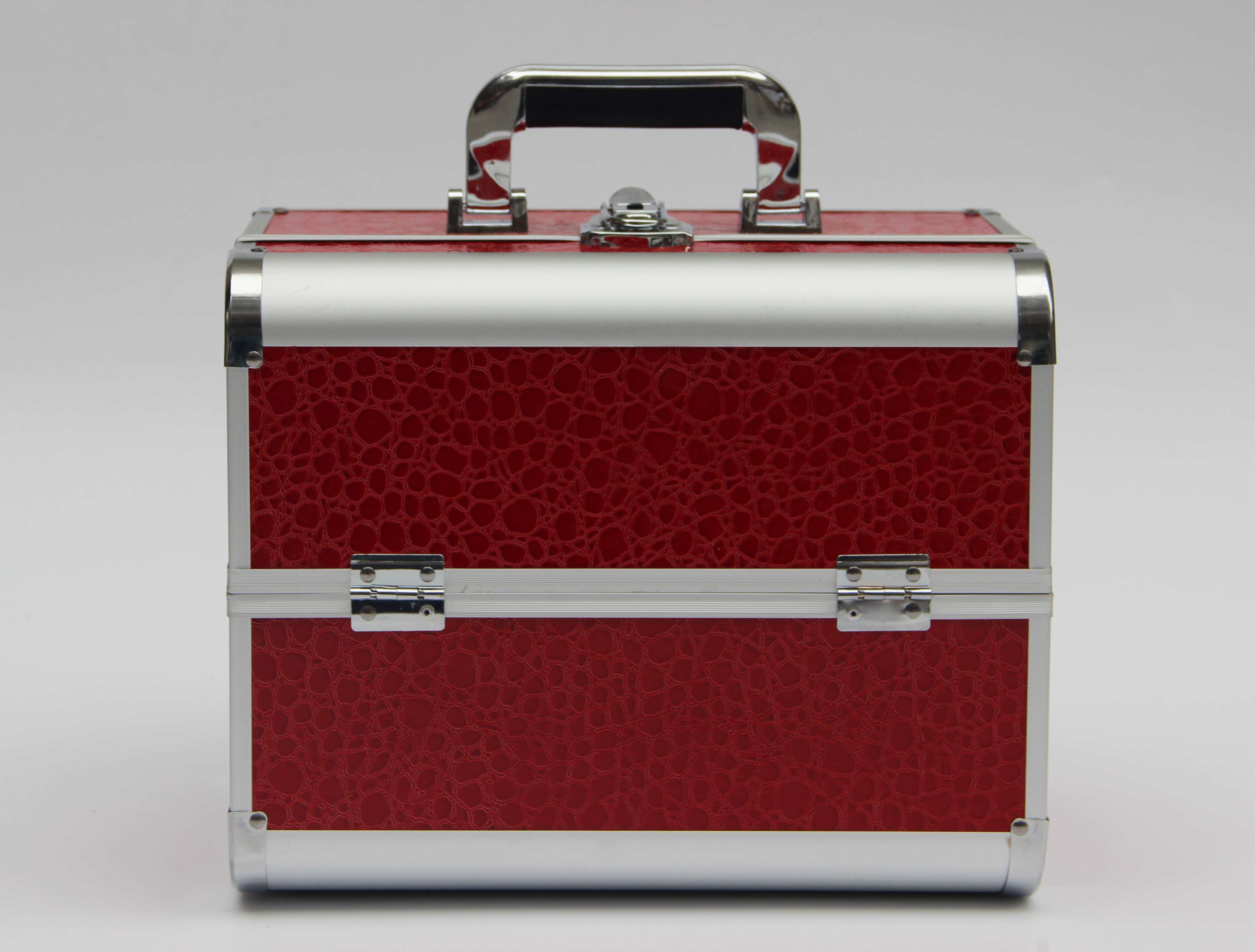 Quality PU Aluminum Cosmetic Case Carry Cosmetics And Tools Red Leather Panel With One Lock for sale