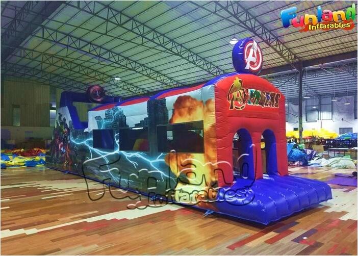 Quality 50ft Long Avengers Theme Kids Air Bouncer Slide Inflatable Obstacle Course for Hire for sale