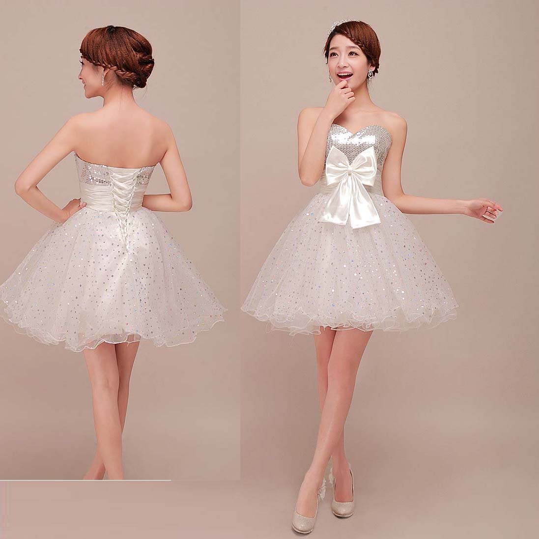 Quality New arrive Ivory Sequined Short Prom Dress with Bow Fashion Sweetheart Ball Gown 110405 for sale