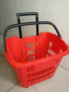 Quality Durable Plastic Folding Red Shopping Hand Basket With Wheels /  Trolley Basket For Shop for sale