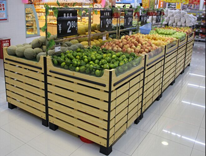 Quality Bottomless Wooden Retail Display Shelves / Fruit Vegetable Wooden Shop Shelving For Store for sale