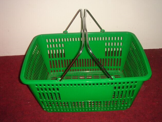 Quality Green 32 Litres Hand Shopping Basket , Supermarket Wire Grocery Basket Metal Handle for sale