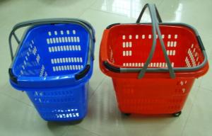 Quality Colored Telescopic Handle Plastic Shopping Basket With Wheels 50 Litres for sale