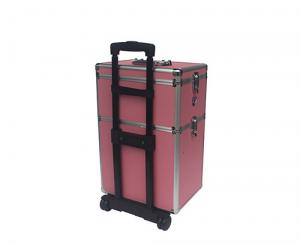 Quality Pink Aluminum Makeup Trolley Case Rolling Aluminum Cosmetic Case for sale