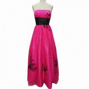 Quality Hot Pink Bridal Gown with Elegant Appliqued Black Flowers, Formal Long Dress for sale