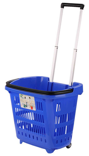 Quality HDPE Hand Plastic Rolling Shopping Basket With Wheels For Supmermarket 25KG Capacity for sale