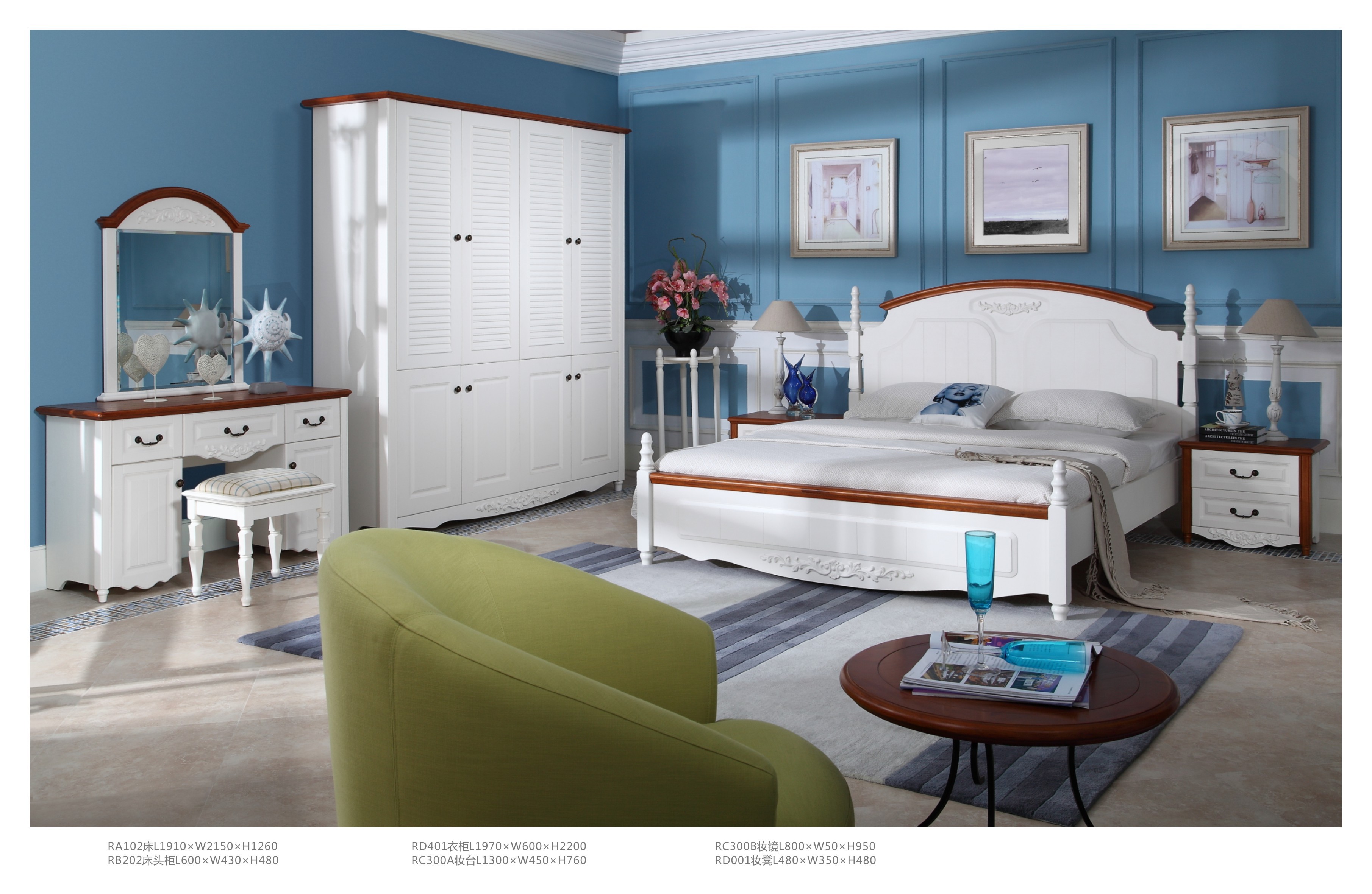 Quality modern furniture white color mediterranean style bedroom set for sale