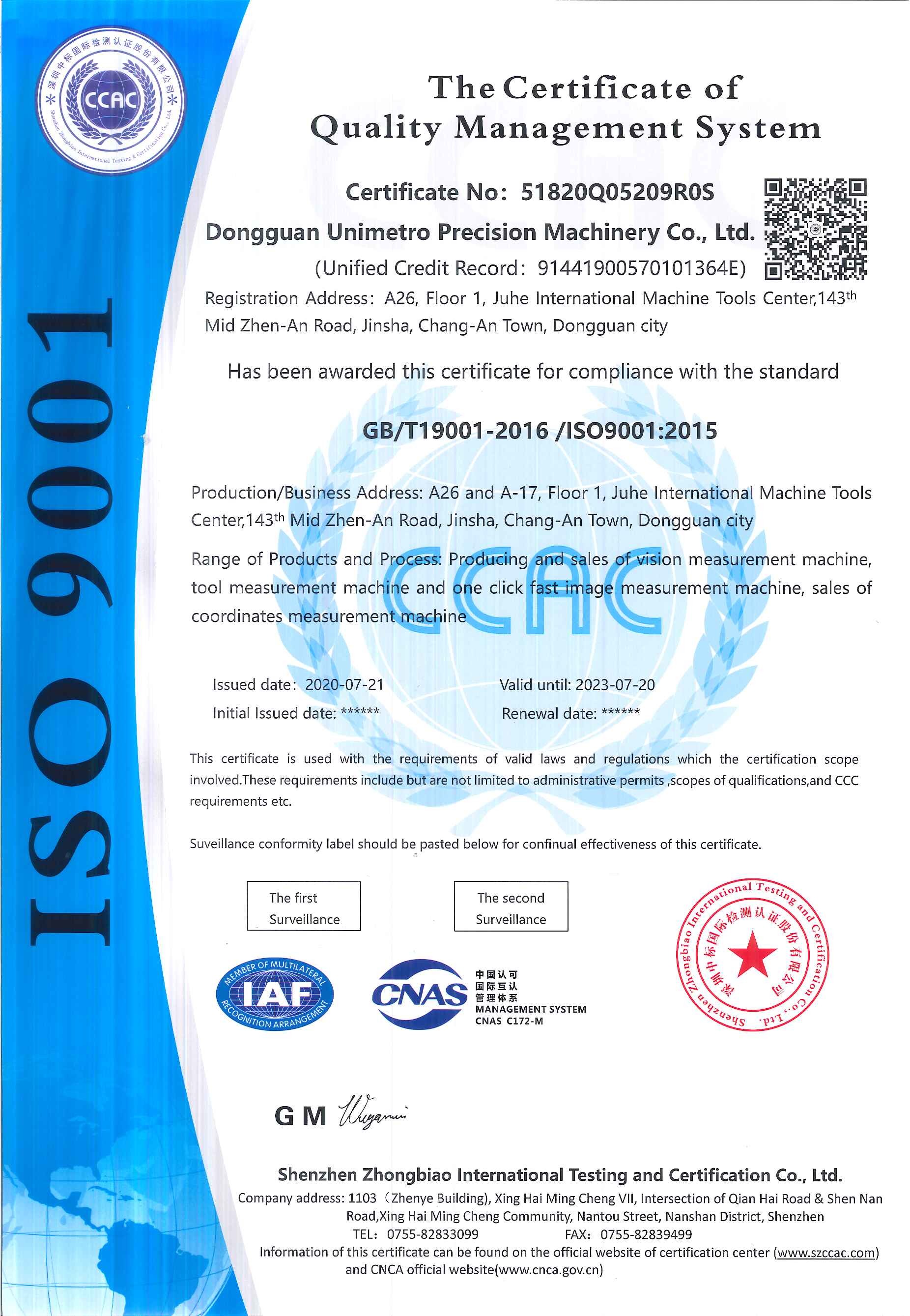 Unimetro Precision Machinery Co., Ltd Certifications