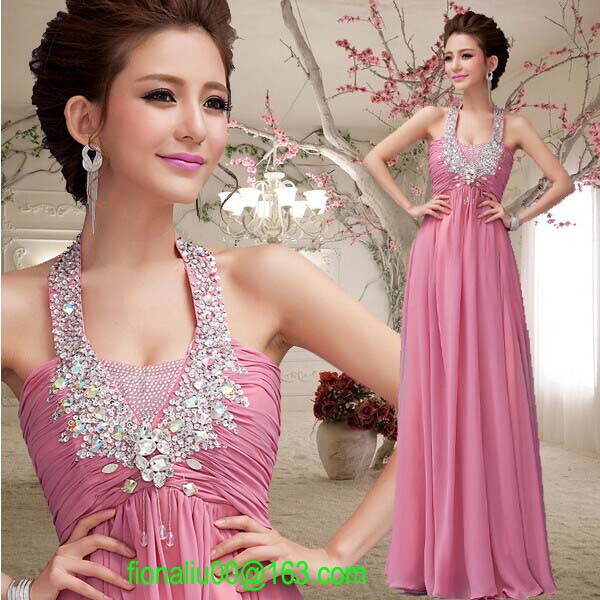 Quality Fashion pink/red halter long evening dress 2014 slim chiffon women formal gown vestidos de fiesta free shipping for sale