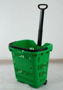 Quality Green Plastic Hand Shopping Rolling Basket / Durable Supermarket Basket Cart for sale