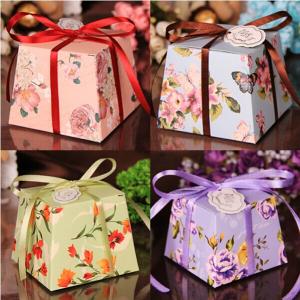 Quality Wedding Boxes for Candy 2014 Flower Printing Paper Bridal Showers + Ribbon &amp; Card as Wedding Decoration for sale