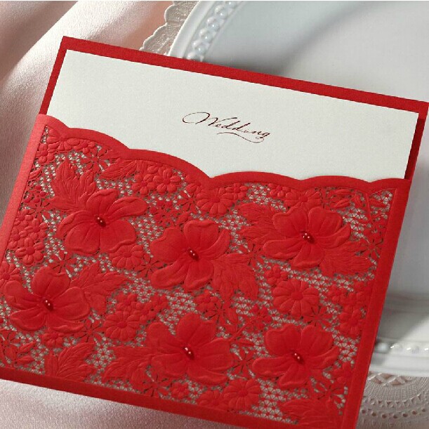 Quality Hot Lace Wedding Invitations 2014 Elegant Red Beaded Laser Cut Convites De Casamento Personalized Printing for sale