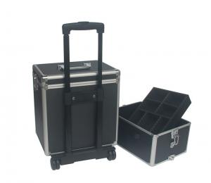 Quality Aluminum Makeup Trolley Case Black Rolling Aluminium Cosmetic Case With Two Layer for sale