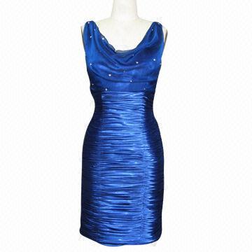 Quality Ladies' Party Cocktail Dress, Royal Beaded Chiffon Drop Neck with Satin Pleats Ruching Skirt for sale