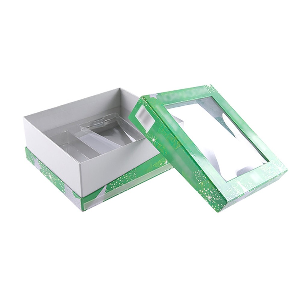 Quality ISO9001 Green Cosmetic Gift Boxes Clear Window With Hypotenuse Lip for sale