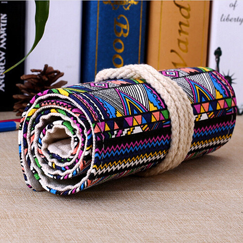 Quality Roll - Up Canvas Student Pencil Pouches , Pencil Roll Case Cotton Rope Closure for sale
