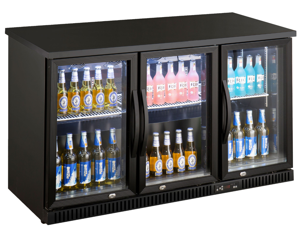 Quality 3 Door Glass Back Bar Refrigerator Automatic Drain Water Evaporating Type for sale