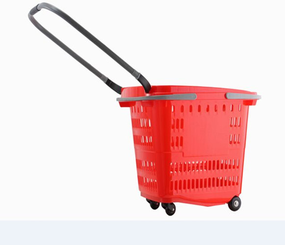 Quality Plastic Red Shopping Basket With Wheels Trolley Grocery Store Carts 50L for sale