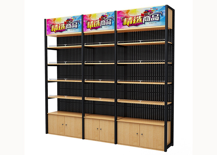 Quality Cold Rolled Steel Supermarket Shelving Wood Gondola Shelving Classic Style for sale