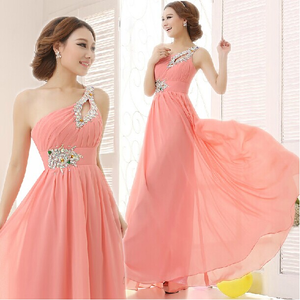 Quality Lovely Pink Beaded A-line One-Shoulder Lace-up Chiffon Long Homecoming Dress Girls Formal Dress for sale