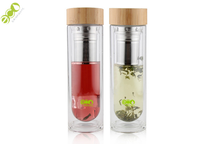 China BPA free 450ml double wall glass infuser bamboo tumbler glasses water drinking  bottle  with bamboo lid on sale