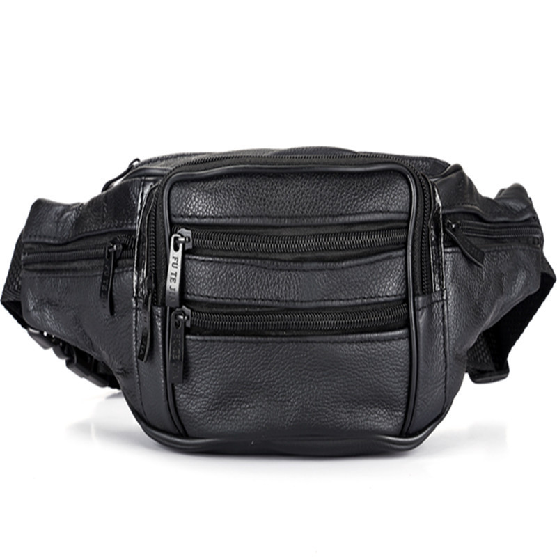 Quality Black Men Leather Travel Waist Bag Lining 210 D 4 Zipper Pocket Adjustable Strap for sale