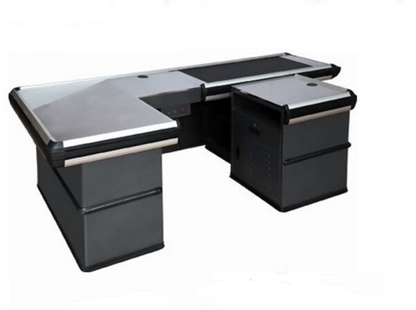Quality Electronic Gray Store Conveyor Belt Checkout Counter / Motorized Cash Register Counters for sale