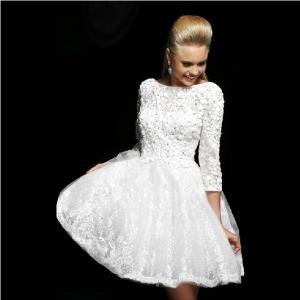Quality Autumn White Beading Three Quarter Sleeve Lace Backless Short Prom Dress 2014 A-line Mini Formal Gown for sale