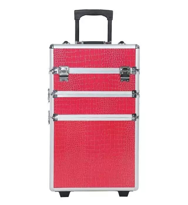 Quality 3 in 1 Professional Red Pro Makeup Case With Trolley,Aluminum Trolley Makeup Case for sale
