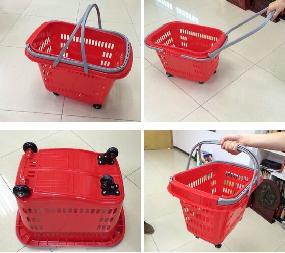 Quality Red HDPP Shopping Basket With Wheels , Supermarket Plastic Storage Shopping Basket for sale