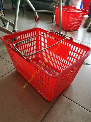 Red Flexible Used Plastic Shopping Baskets With Curved Metal Handles / Grip Hand