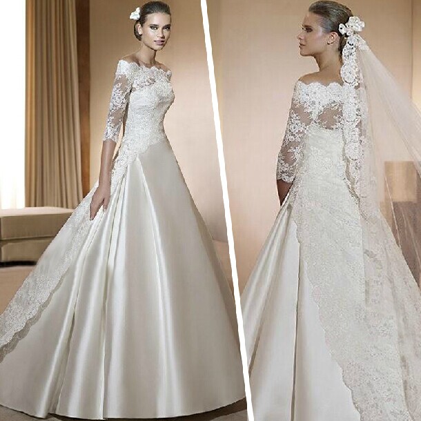 Quality New Arrival Ivory Half Sleeve Bateau Lace Bride Dress Wedding Gown 2015 Free Shipping for sale