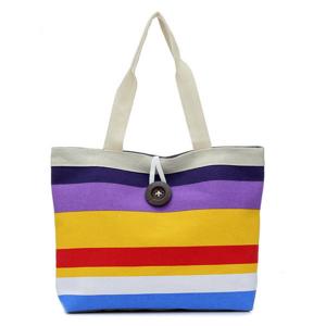 Quality Casual Custom Canvas Bags , Striped Shopper Tote Bags With Button Closure for sale