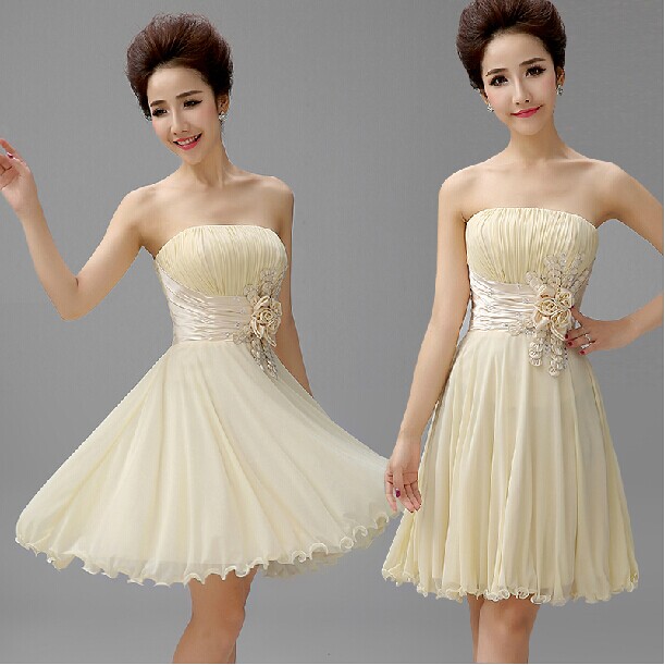 Quality Champagne Fashion Beaded Lace up Strapless Flower Short Bridesmaid Dress 2015 Vestido De Madrinha Free Shipping for sale