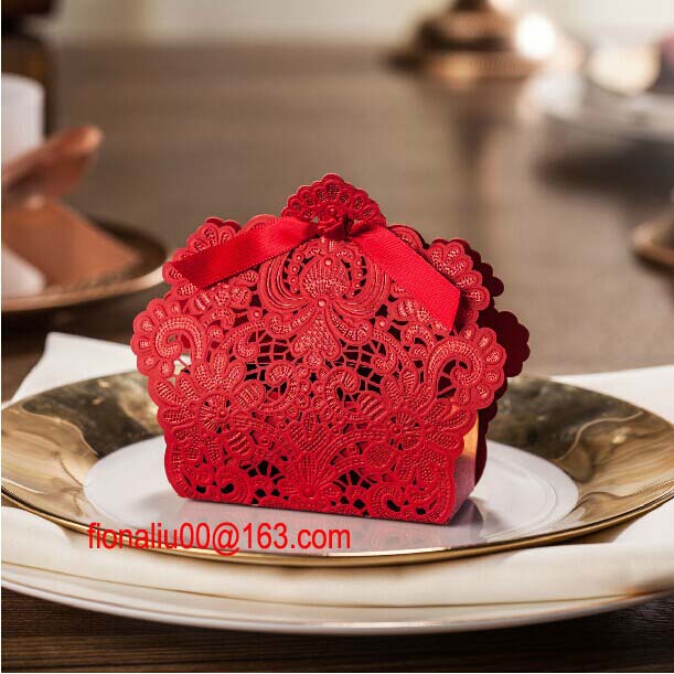 Quality High Class Red Laser Cut Candy Boxes 2014 Paper Ribbon Wedding Boxes as Wedding Decoration for sale