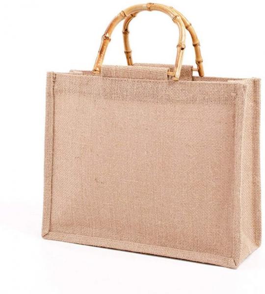 Buy Portable Burlap Jute Shopping Bag Bamboo Loop Handles Reusable Tote Grocery Bags for Women at wholesale prices