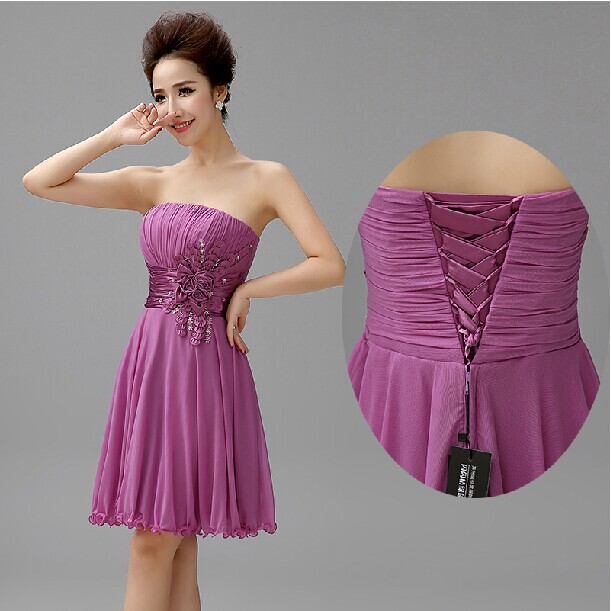 Quality HOT SALE Purple Strapless Off Shoulder Short Prom Dress 2014 Lace-up Beaded Flower Mini Dress Vestido De Festa for sale