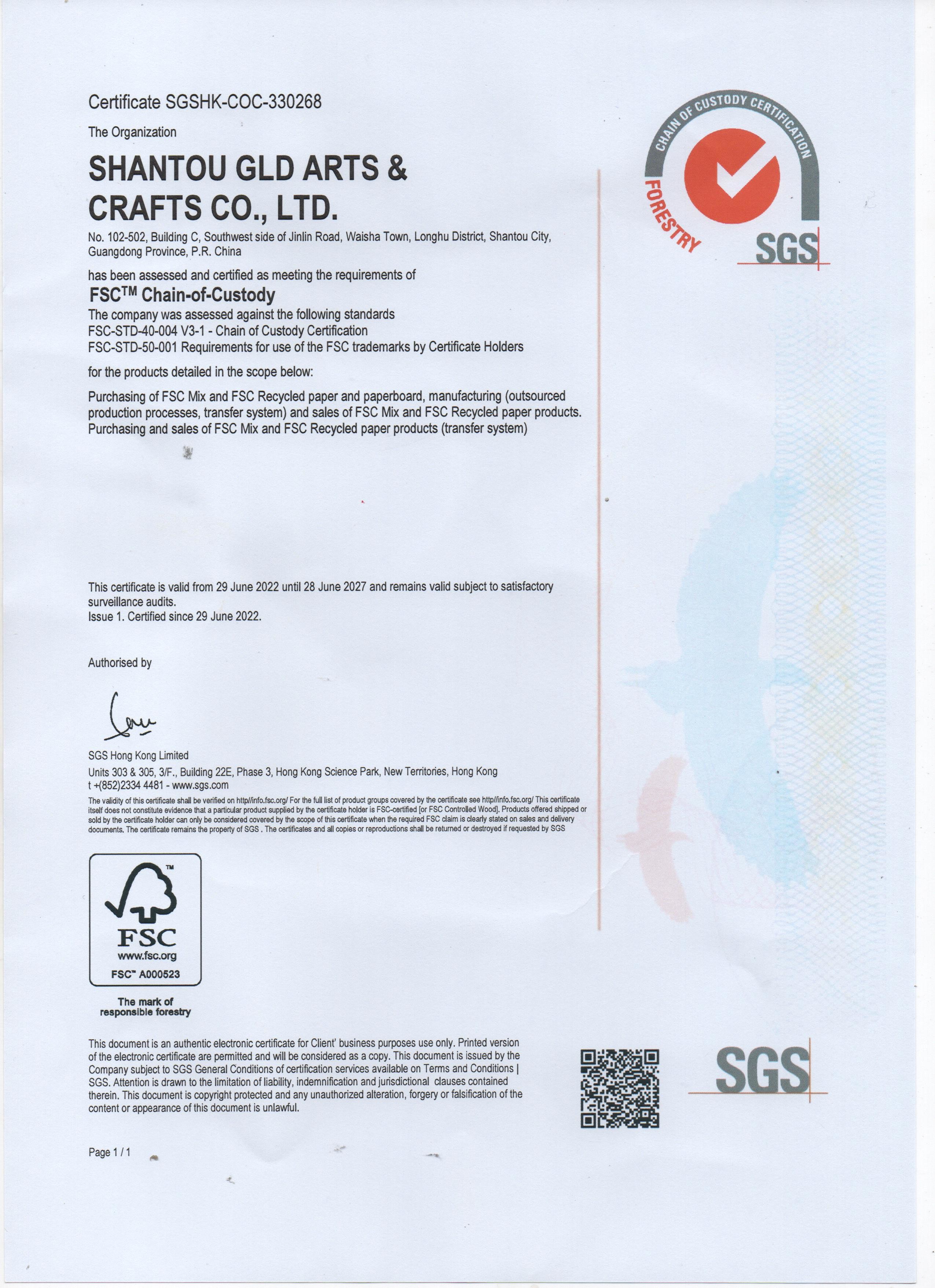 Shantou GLD Arts & Crafts Co., Ltd. Certifications