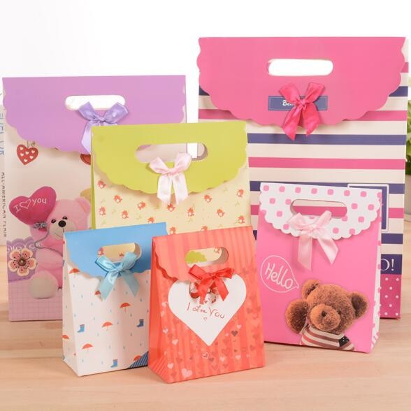 Customized pattern Cardboard Gift Bags 24x10x32cm With Handle Bow Knot