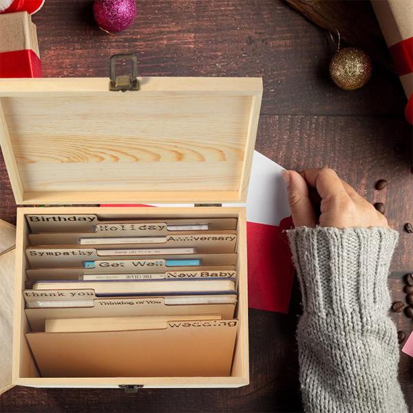 Modern BAMBOO Greeting Card Organizer Box With Dividers And Lid Stylish Design