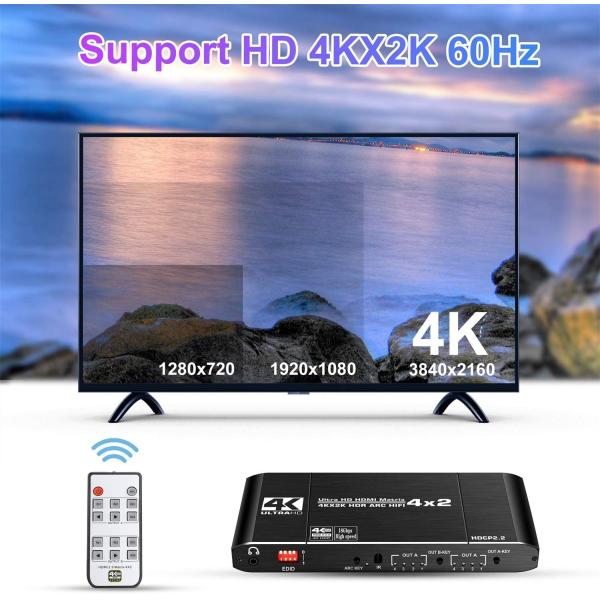 18Gbps 4x2 HDMI 2.0 Matrix Switch Splitter 4K 60Hz 4:4:4 Switcher