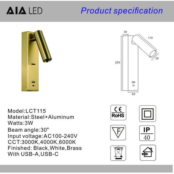 Reading wall lighting bedside led wall lamp double USB-A type-C for villa hotel headboard wall light bracket light