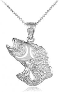 China High Polish 925 Sterling Silver Jumping Sea Bass Fish Sea Life Charm Pendant Necklace on sale